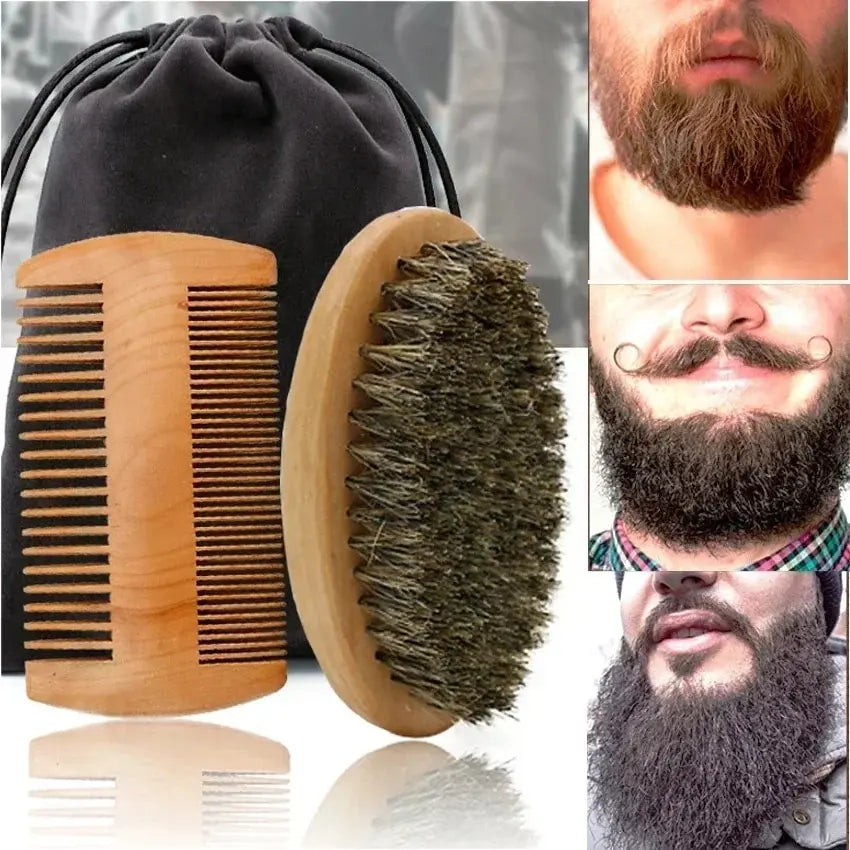 Beard Brush for Men - Boar Bristle Wood Comb Kit