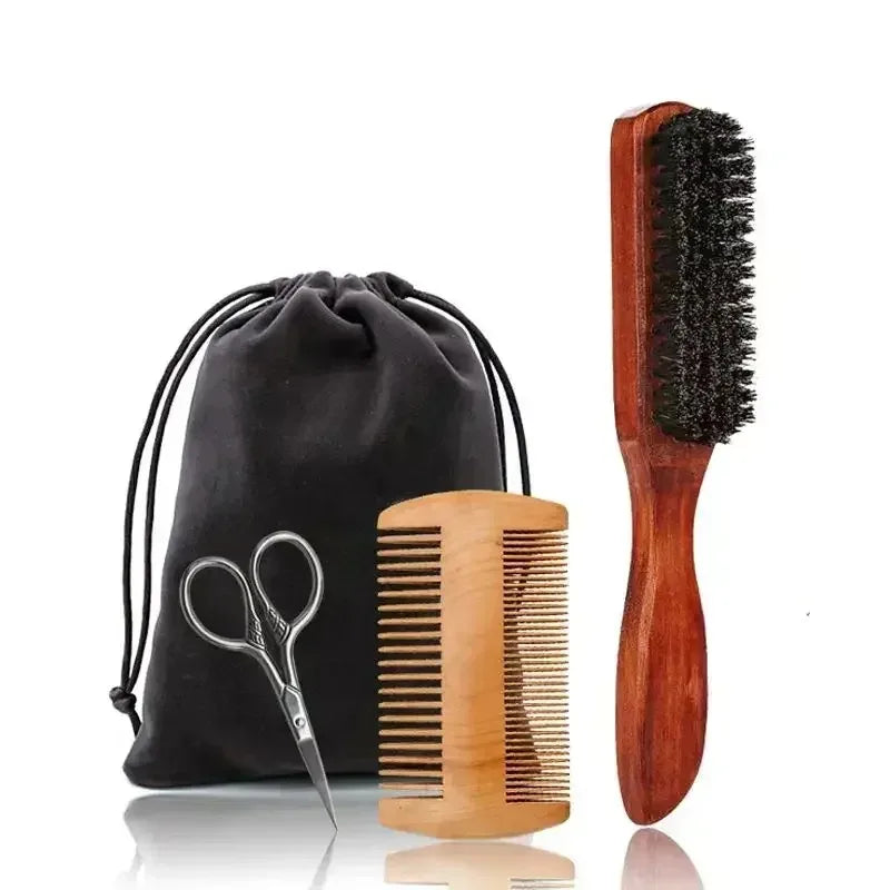 Beard Brush for Men - Boar Bristle Wood Comb Kit