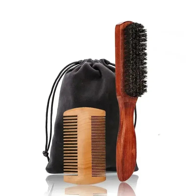 Beard Brush for Men - Boar Bristle Wood Comb Kit