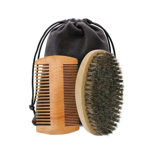 Beard Brush for Men - Boar Bristle Wood Comb Kit