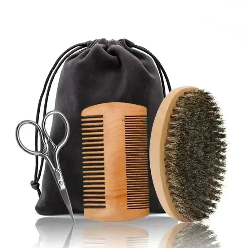 Beard Brush for Men - Boar Bristle Wood Comb Kit